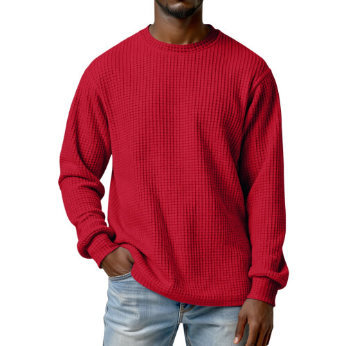 Men's waffle knit crew neck pullover red XL