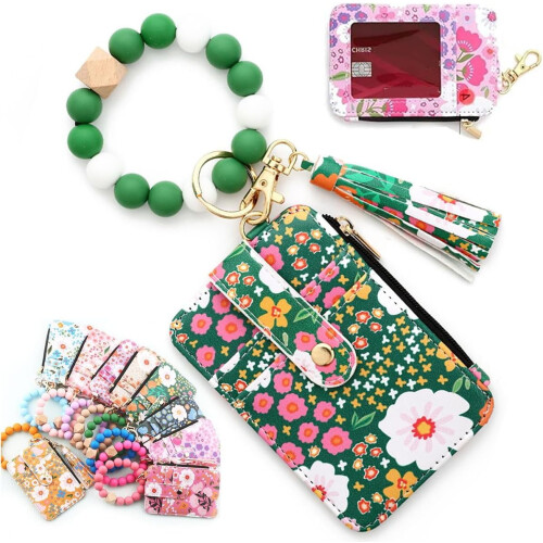 Women's Boho Beaded Leather Wallet with Keychain