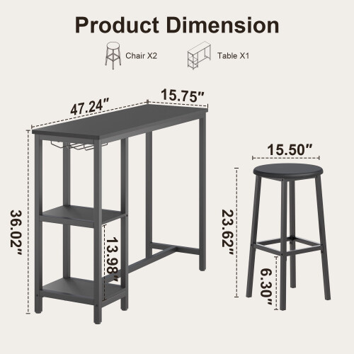 Bar Table Set with Storage Shelves Black 3-Piece 2