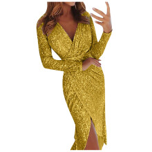 Women's Casual Gold Foil Print V-Neck Mini Dress Long