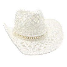 COMEET cowboy hat, Hollow Out Hat for Women Pearls Cowgirl Straw Hat Wedding Party Props Bachelorette Party Hat for Female