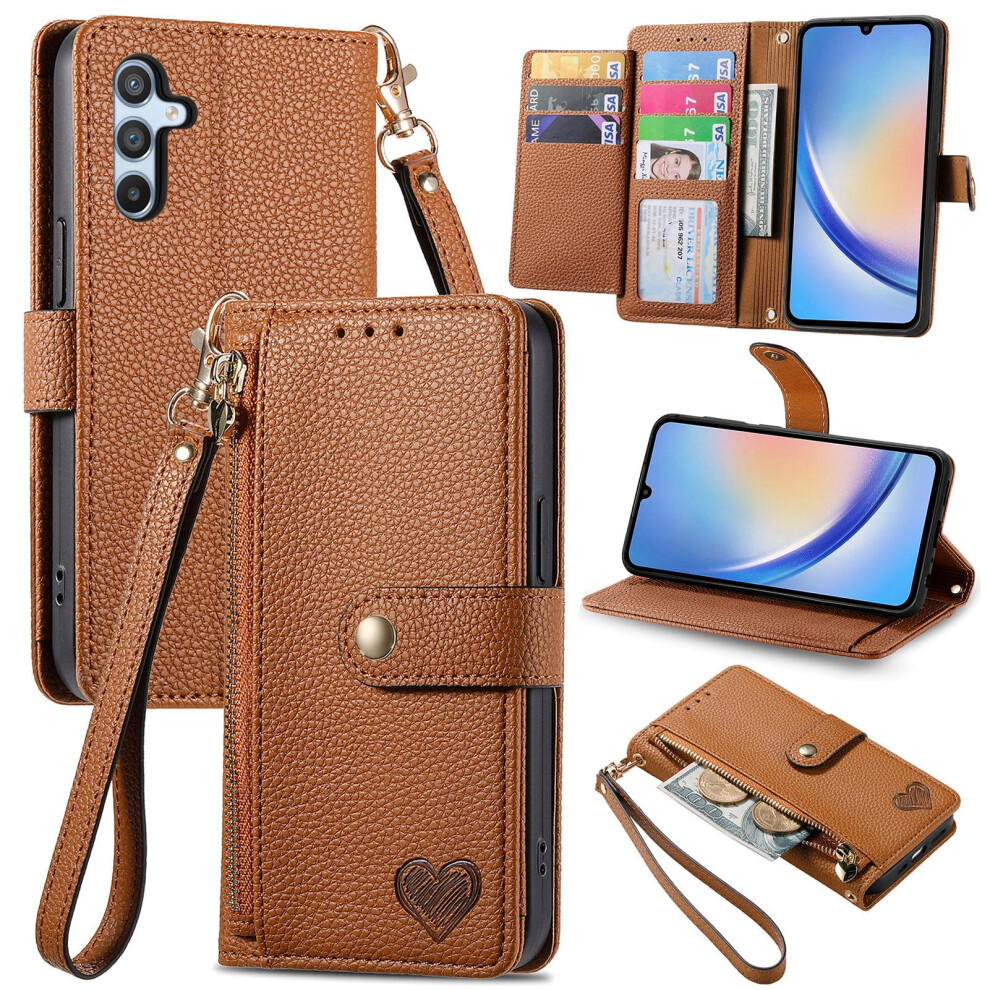 Samsung Galaxy A15 5G Zipper Wallet Case Leather Brown 908436900942