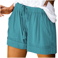 Women's Linen Bermuda Shorts Elastic Waist Drawstring Blue