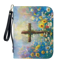 PU Leather Bible Cover with Daisy Print and Wristlet Strap