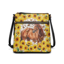 Damen-Umhängetasche aus PU-Leder mit Pferde-Sonnenblumenmotiv
