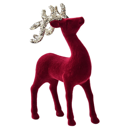 Wine Red Glitter Deer Statue Flocking Holiday Decor