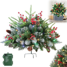 Pre-lit Christmas Planter Bushes, Outdoor Lighted Artificial Pine Trees with Tripod Stake & 60 LEDs, Compatible with Holiday Decor