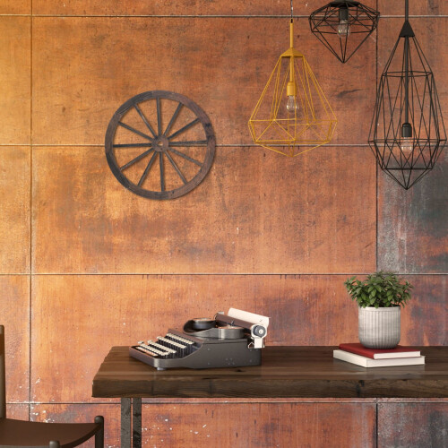 Decor de perete cu roată de trăsură western, maro, rustic, pachet de 1 1