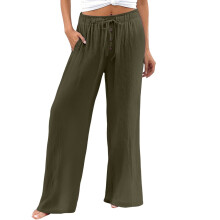 Pantalon large en lin pour femme, taille haute élastique, coupe ample