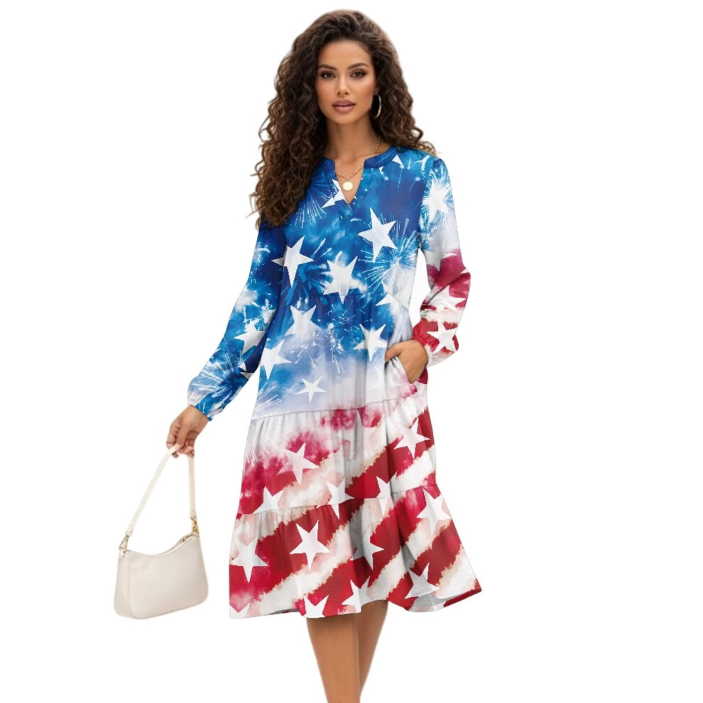 American Flag Women's Midi Dress V-Neck Elastic Waist Large 975221513373