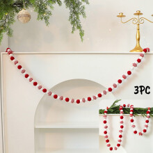 Christmas Pom Pom Garland Red White Felt 3 pcs 180 cm