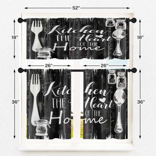 Set di 3 tende da cucina rustiche nere a strati e 2