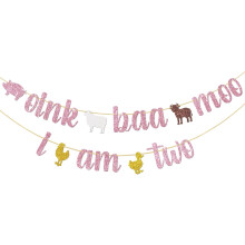 Oink Baa Moo I Am Two Banner – Farm Animal 2nd Birthday Decor, Barnyard Theme Party Supplies, Pink Glitter – Compatible with Farm Animal Themes