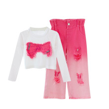 Zweiteiliges Set in Pink: Langarm-Crop-Top und Used-Look-Kleidung