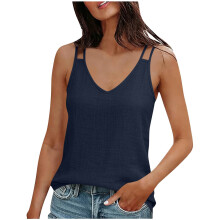 Women's vintage cotton-linen camisole top blue L