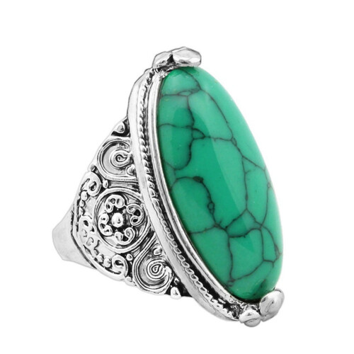 Boho Knuckle Ring Vintage Oval Turquoise Silver-Plated