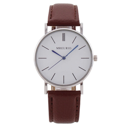 Men's Quartz Watch Silver Case White Dial Brown Leather