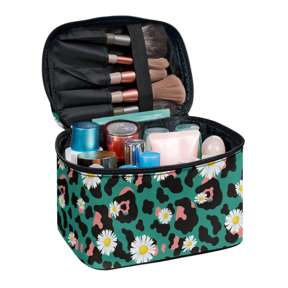 Daisies Portable Traveling Make Up Organizer Bag with Brush Slots Travel Cosmetic Makeup Bag (8.86"x6.5"x5.9")