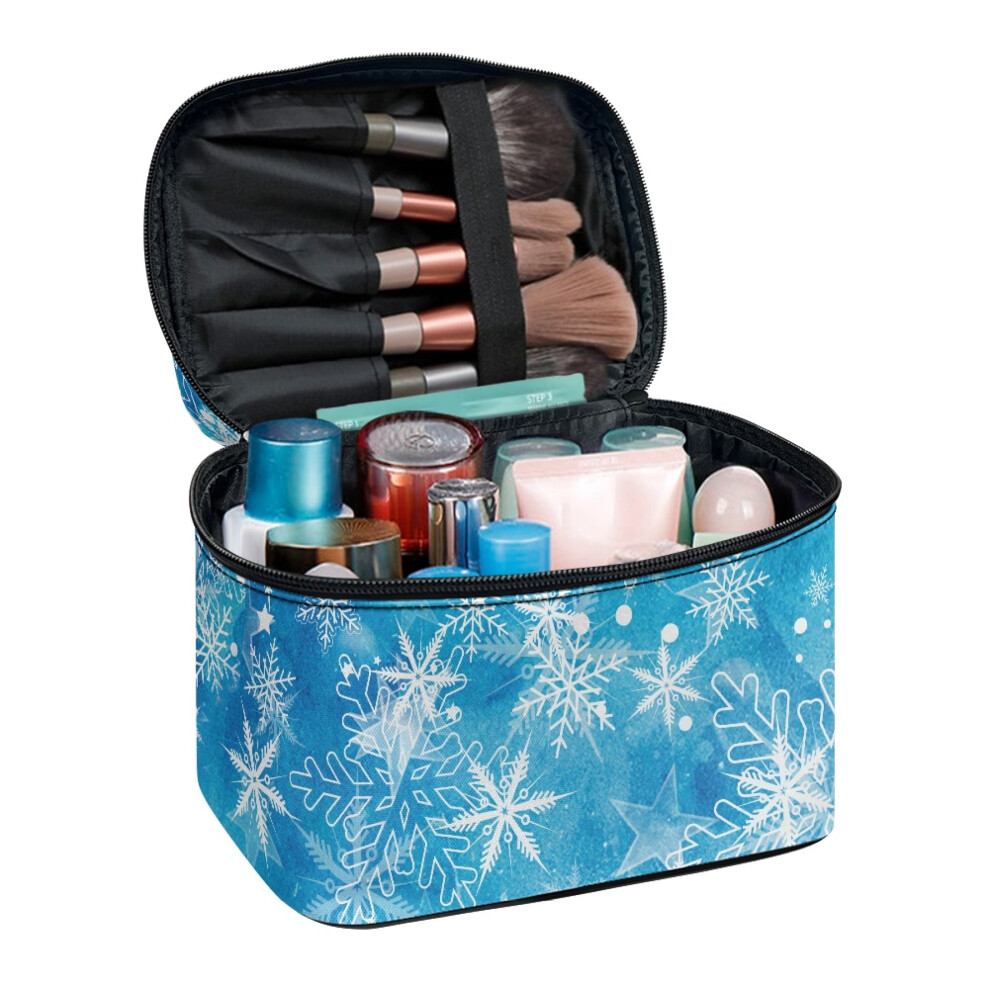Makeup Bag Portable Wide-Opening Pouch Blue Snowflakes