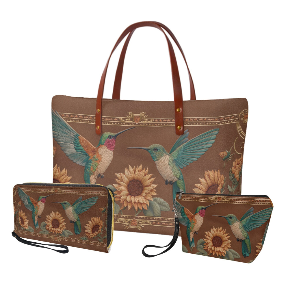 Sunflower Hummingbird PU Leather Satchel Set with Makeup