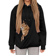 Moletom feminino com capuz, estampa de cachorro e gato, com bolso canguru, tamanho médio, preto.