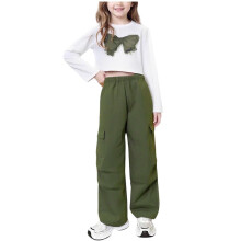 Mädchen 2-teiliges Set Armeegrünes Langarm-Crop-Top und Weite