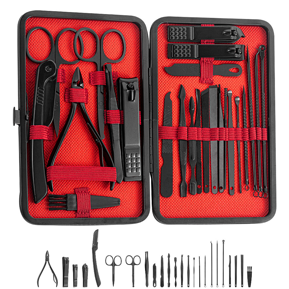 (Black and red 24-piece set) 24Pcs Black-Red Nail Kit,Ear Picks,Slanted Clippers,Nose Scissors Tweezers Manicure Set