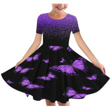 Girls' A-line stretch dress with short sleeves and round