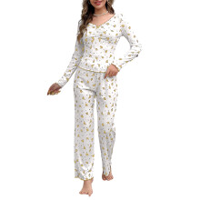 Set pigiama da donna con stampa floreale giallo a maniche lunghe