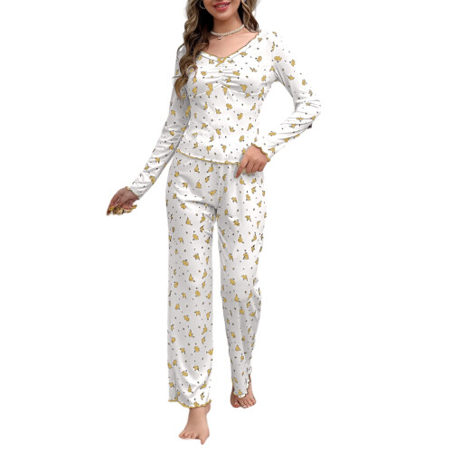 Damen-Pyjama-Set mit Blumenmuster, gelb, langärmelig