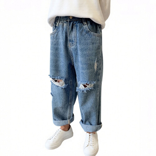 Boys ripped jeans distressed denim pants solid color casual