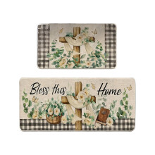 Easter Bunny Kitchen Mats Set of 2 Blue Floral Non-Slip