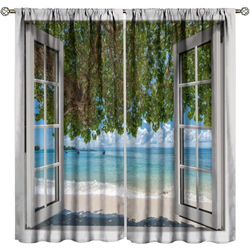 Κουρτίνες Παραλίας με Στάμπα Ωκεανού και Θαλασσογραφία με Ράβδο Τσέπης Blackout2