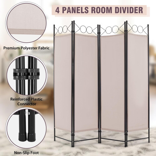 Fabric Room Divider 4-Panel Tan Freestanding Folding Screen 1