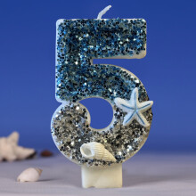 Birthday Number Candle Blue Gray Ocean Theme Cake Topper