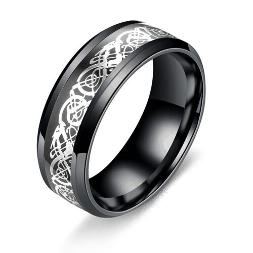Men's Dragon Pattern Glossy Ring Silver Black 1