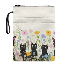 Capa protetora para livro com estampa floral de gato, em poliéster, lavável e impermeável.
