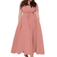 Vestido rosa liso de talla grande para mujer con lazo en la cintura y