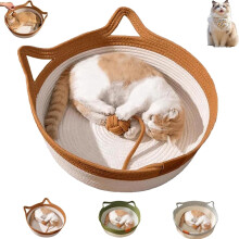 Handwoven Cotton Rope Cat Bed with Teasing Ball and Cat Ear