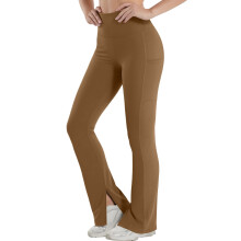 Womens High Waisted Flare Yoga Pants with Pockets, Tummy Control Buttery Soft 4-Way Stretch Lounge Leggings Split Hem Workout Pants - Khaki,Size XL
