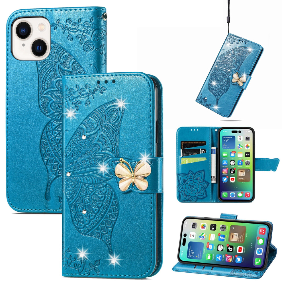 Iphone 15 Plus Pu Leather Wallet Case Floral Embossed Blue 9178400868696