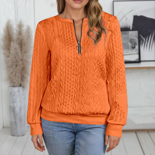 Felpa girocollo da donna arancione-gialla con mezza zip lunga 1
