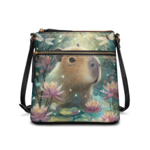 Dámska kožená crossbody kabelka s potlačou lotosového kvetu kapybara