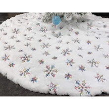 24" White Faux Fur Christmas Tree Skirt with Sequin Multicolor Snowflakes – Compatible with Most Trees