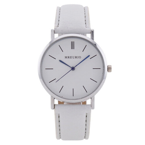 Men's Quartz Watch Silver Case White Dial Leather Strap