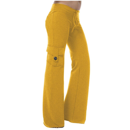 Dames cargo legging met elastische tailleband en zakken, geel 2