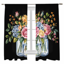 Sheer Curtains Autumn Watercolor Pink Rose Leaf Design