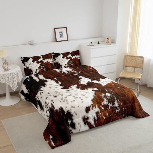 Set copripiumino matrimoniale con stampa mucca, nero e marrone, 3 pezzi 2