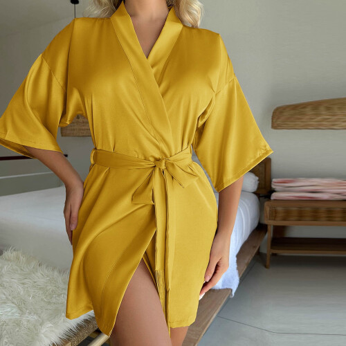 Women's silk-like V-neck open-front short robe S-XL 1