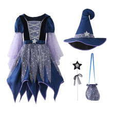 Witch Costume Outfit for Girls Blue Skirt Hat Bag 4 PCS 6-7